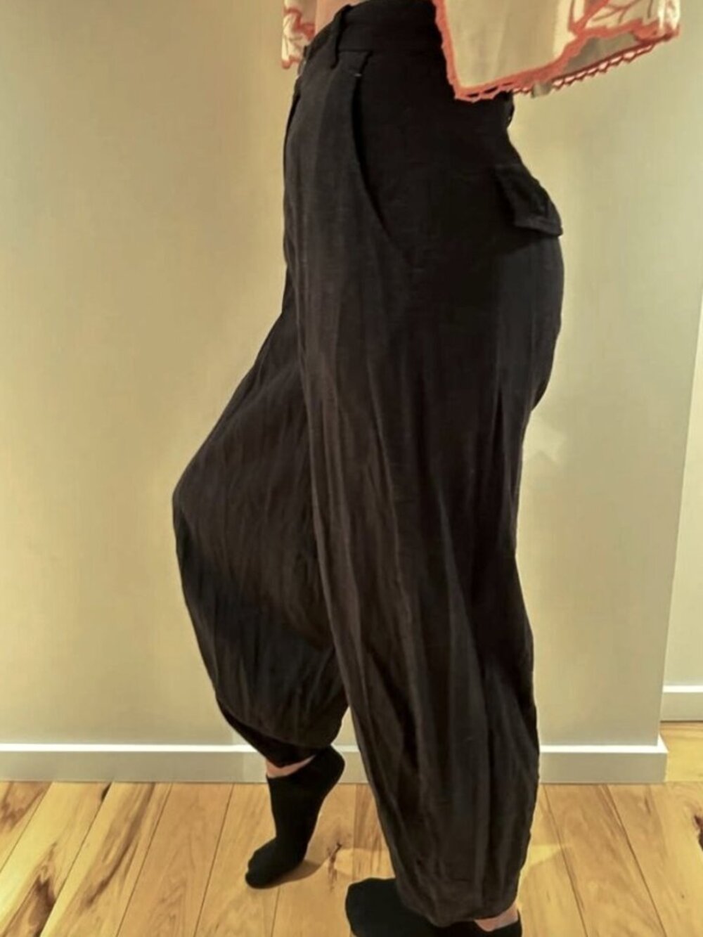 Black Linen Gypsy Pants Harem Balloon Handmade Cozy Button Zipper S 24"